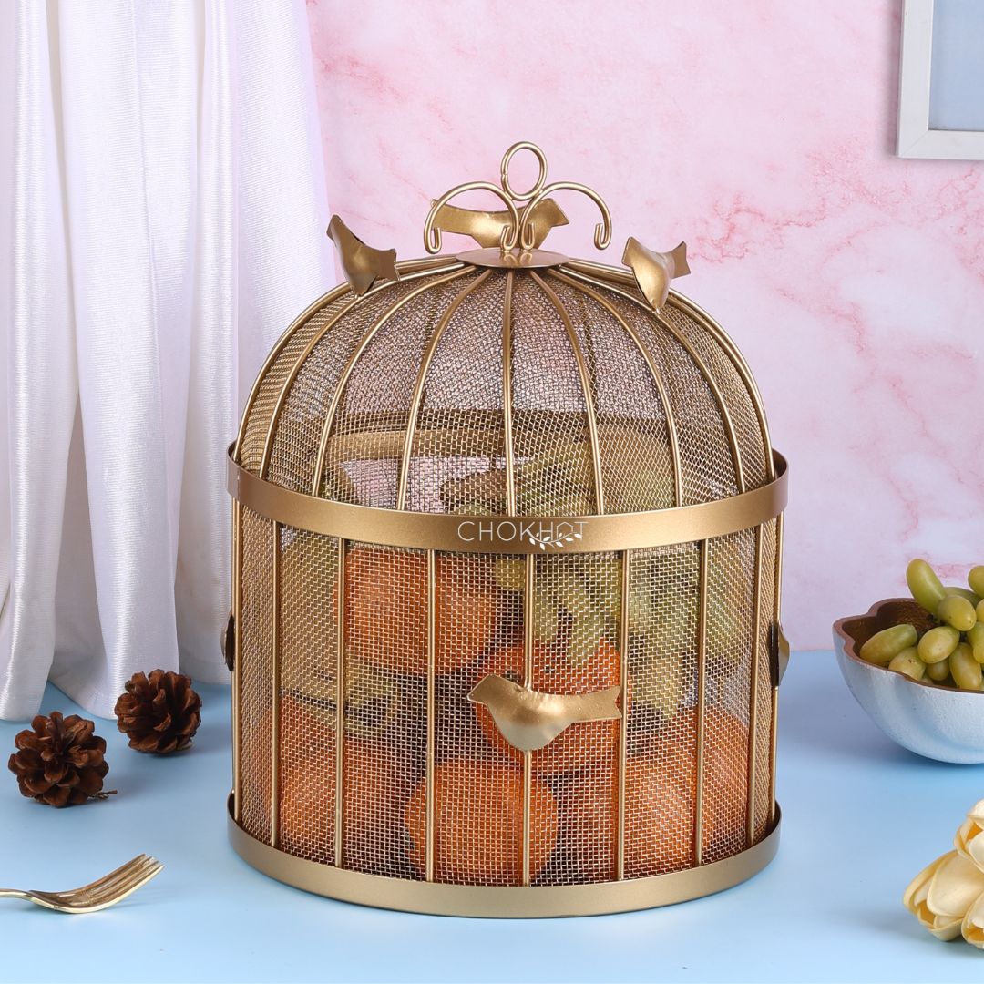 gold metal bird cage fruit basket, rustic décor, vintage wire fruit bowl, tabletop display, gold fruit basket, bulbul basket